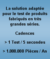 Zone de Texte: La solution adaptée pour le test de produits fabriqués en très grandes séries.Cadences> 1 Test / 5 secondes> 1.000.000 Pièces / An